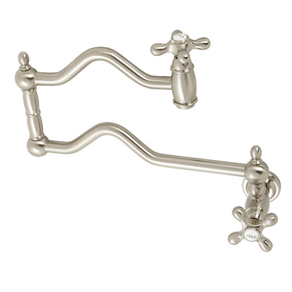 Kingston Brass KS2107AX Heritage Wall Mount Pot Filler Faucet, Brushed Brass with vintage style design and dual handles.
