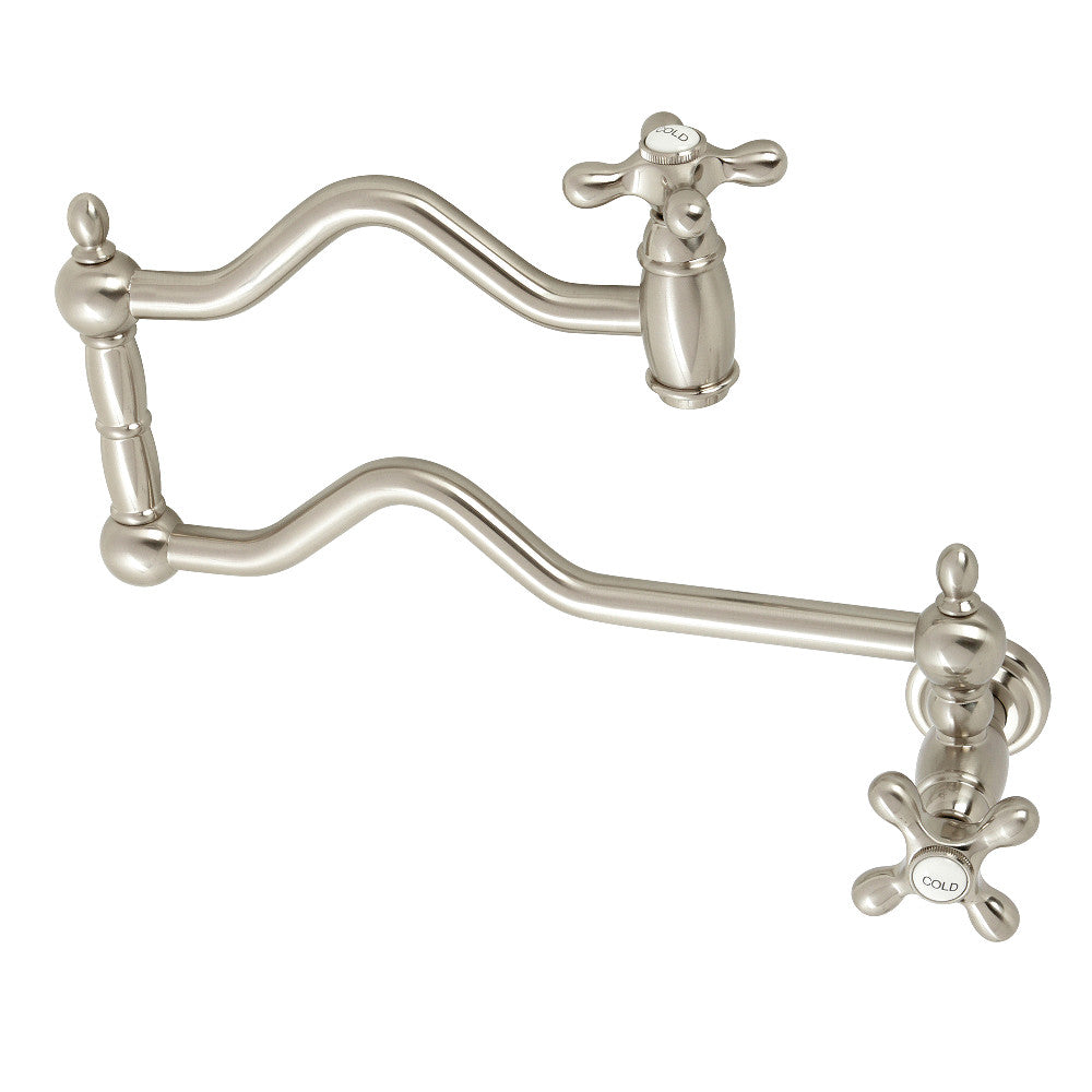 Kingston Brass KS2107AX Heritage Wall Mount Pot Filler Faucet, Brushed Brass with vintage style design and dual handles.
