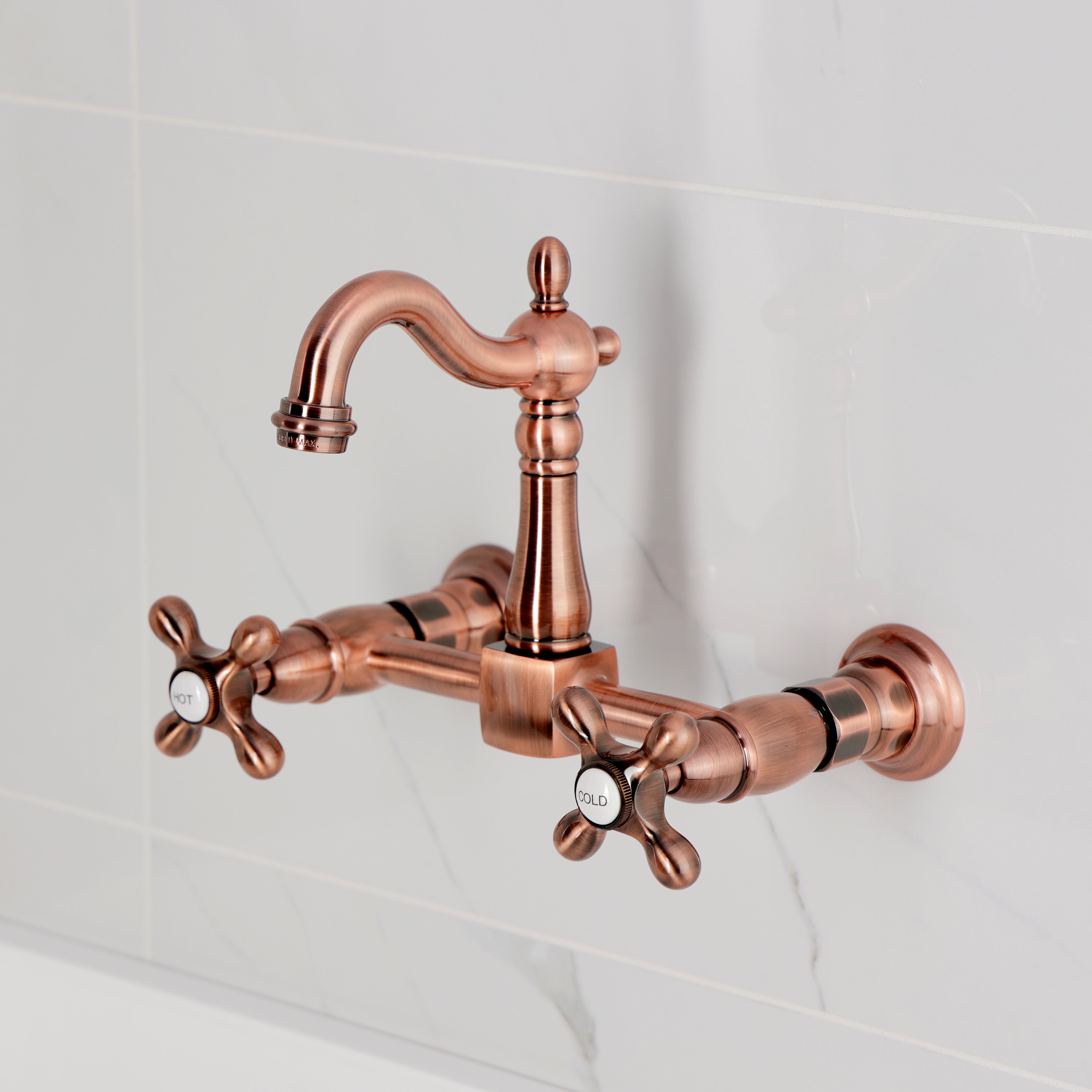 Kingston KS2443AX Heritage Two-Handle Wall Mount Bridge Kitchen Faucet, Antique Brass