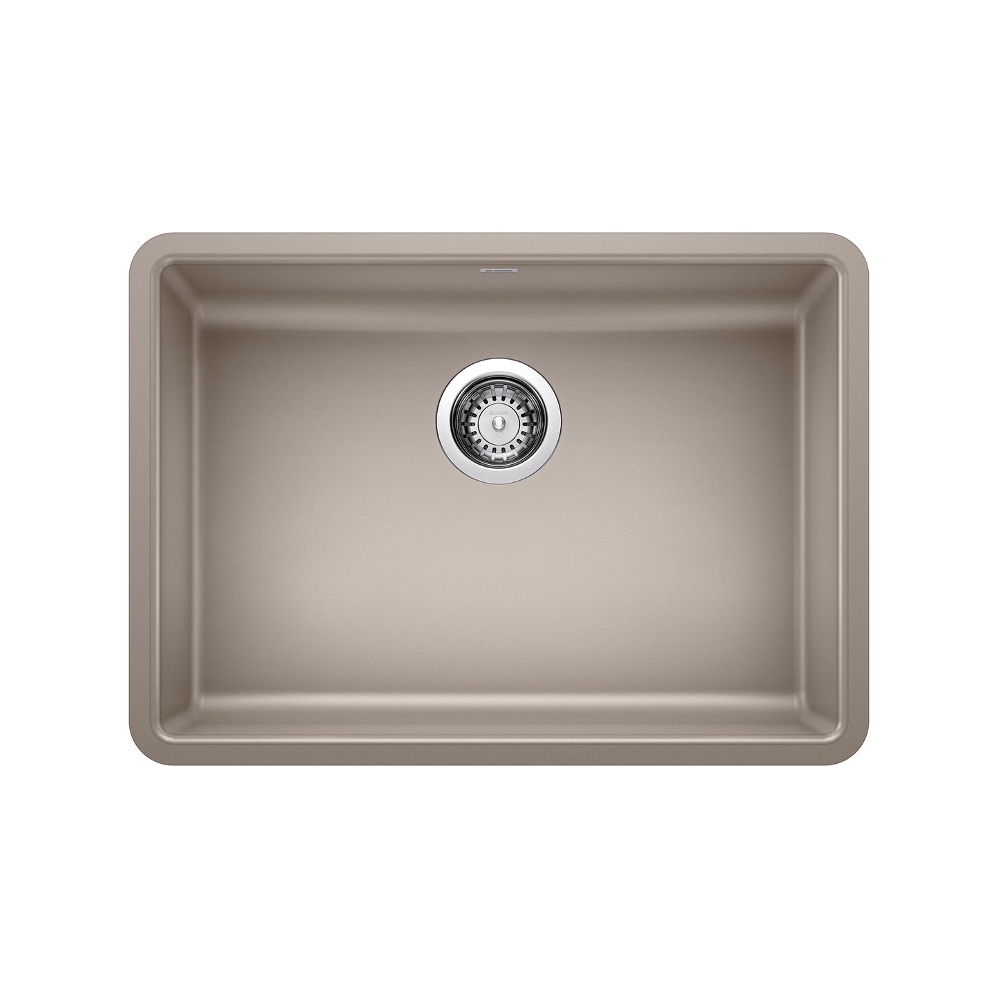 BLANCO Precis SILGRANIT 25" ADA Single Bowl Undermount Kitchen Sink in a beige finish with chrome drain.