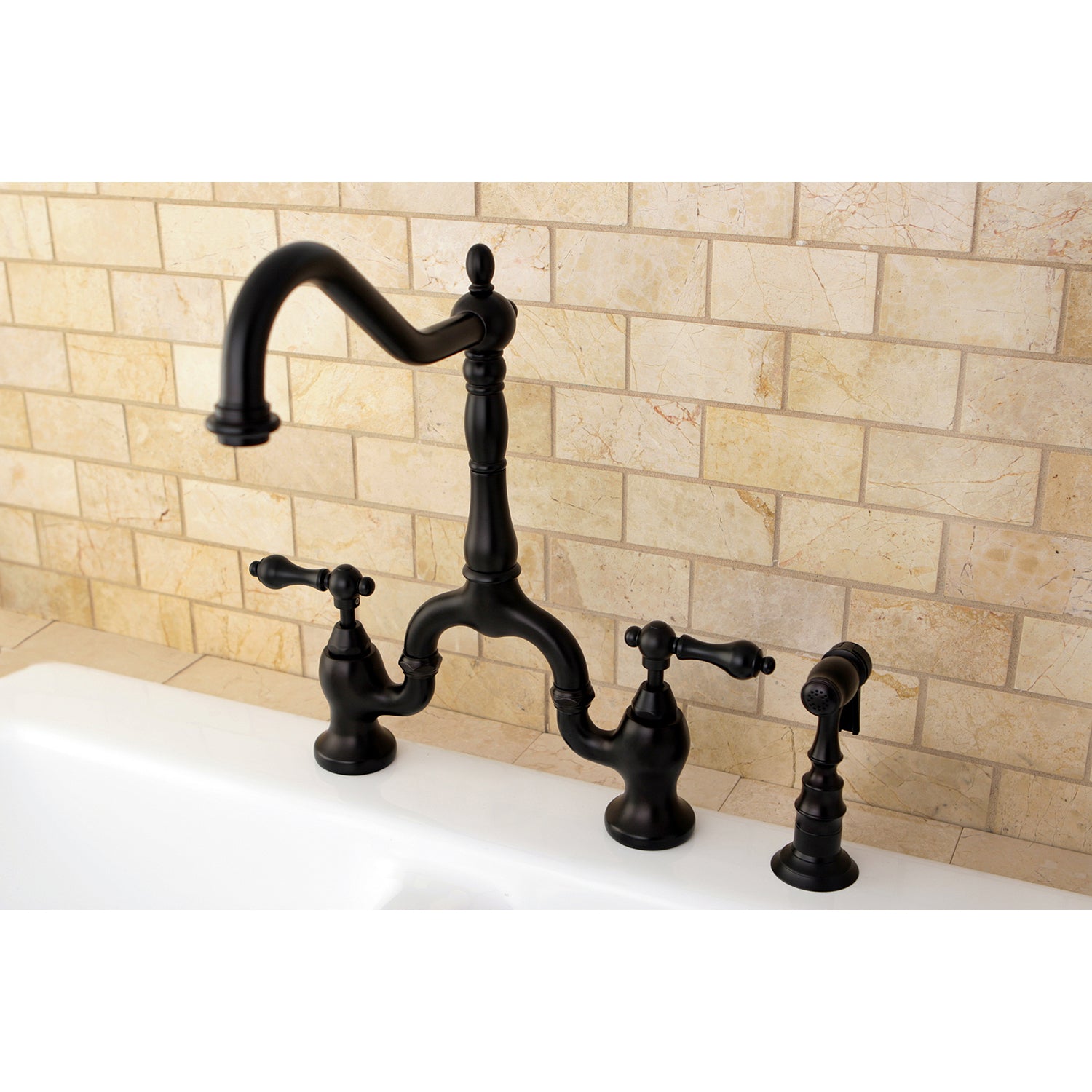 Kingston KS7755ALBS English Country Bridge Kitchen Faucet with Brass Sprayer, Oil Rubbed Bronze in a kitchen setting