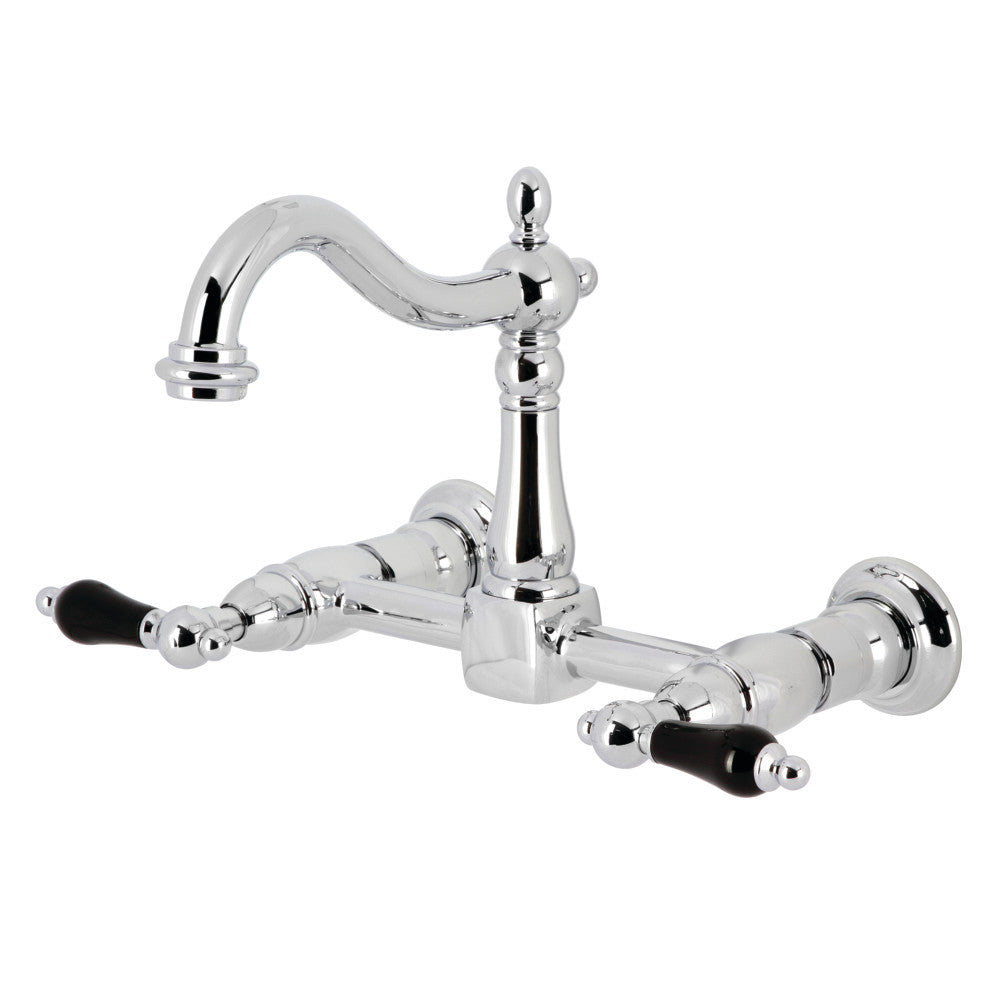 Kingston KS1263PKL Duchess Two-Handle Wall Mount Bridge Kitchen Faucet, Antique Brass with black porcelain handles