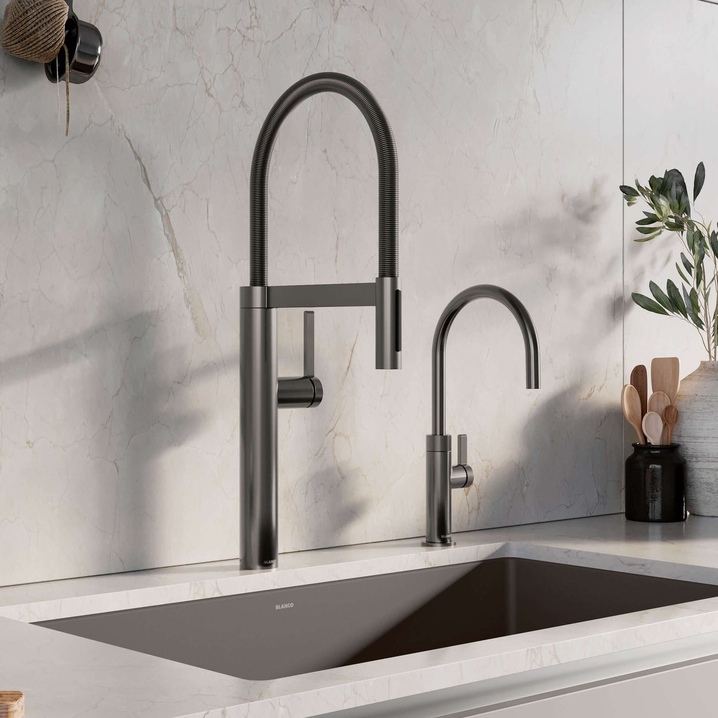 BLANCO Culina II High Arc Beverage Faucet Compatible with Reverse Osmosis Systems in modern kitchen setting side view.