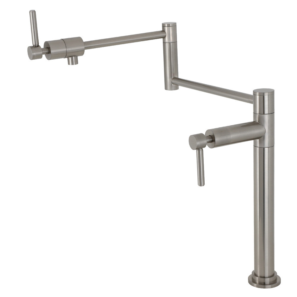 Kingston Brass KS4703DL Concord Deck Mount Pot Filler Faucet, Antique Brass with sleek design and extendable swing arms.