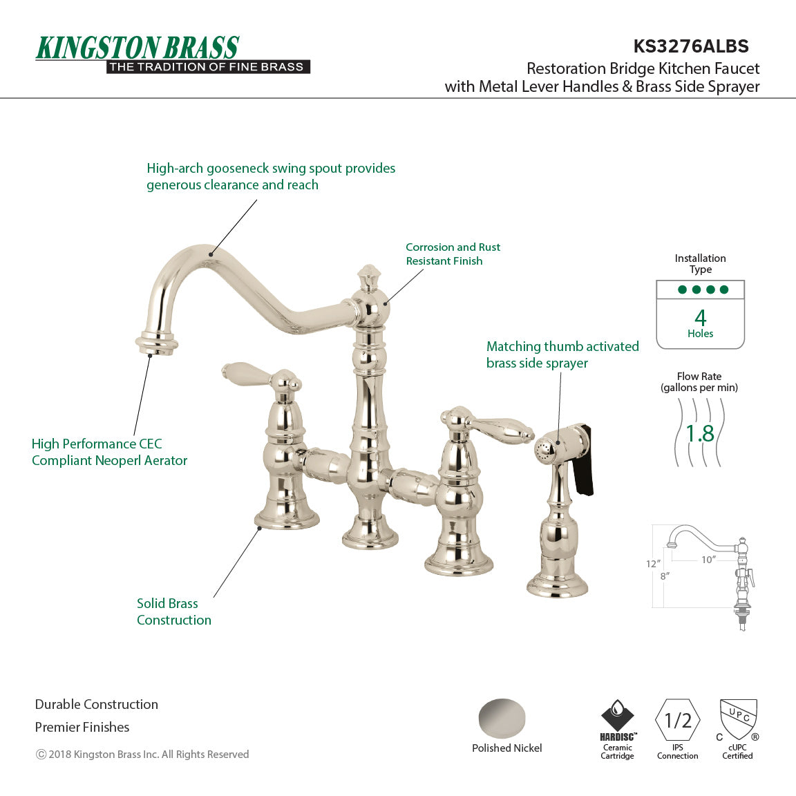 Kingston KS3277ALBS Restoration Bridge Kitchen Faucet with Brass Sprayer, Brushed Brass image showing high-arch spout and side sprayer.