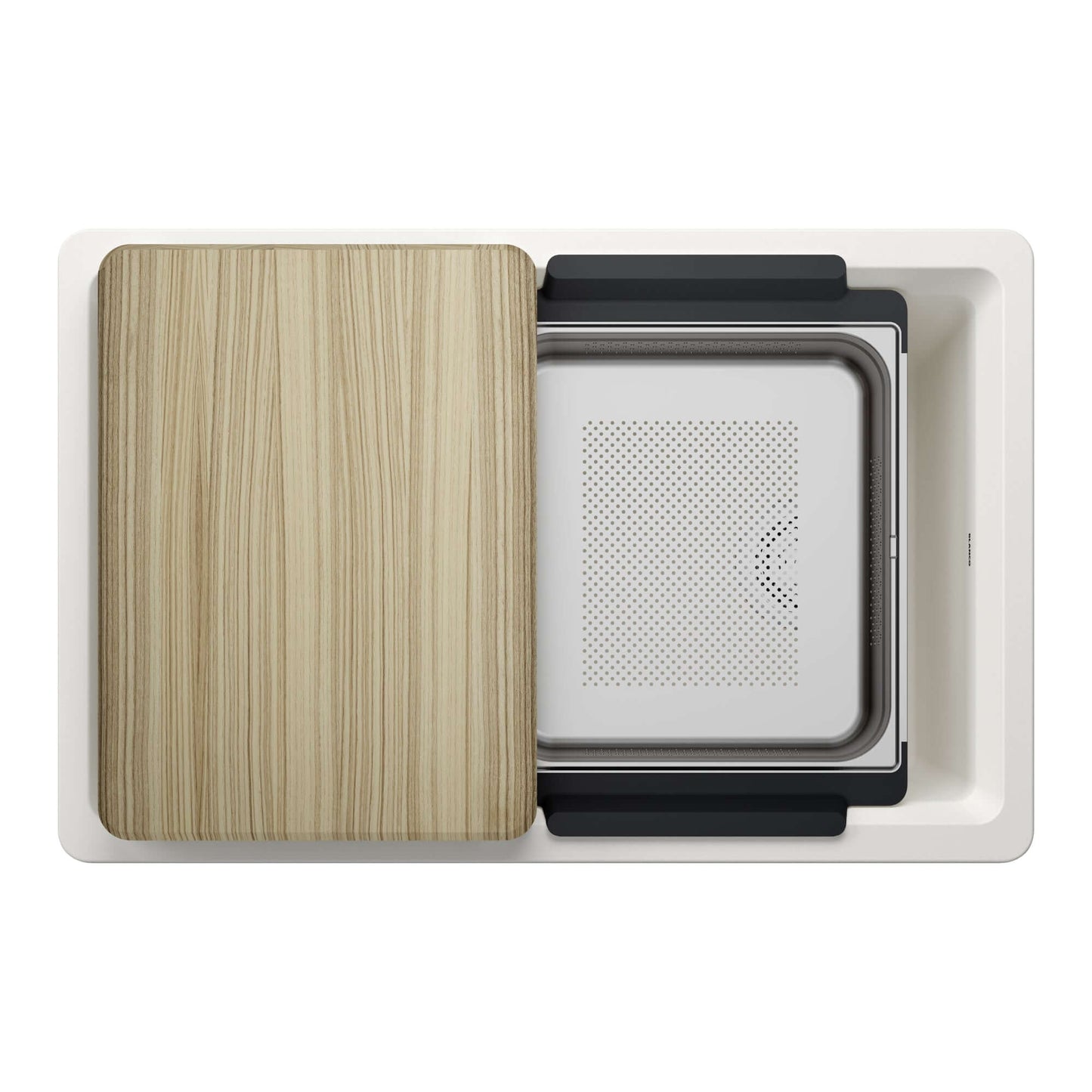 BLANCO Inteos SILGRANIT 30" Single Bowl Reversible Undermount Workstation Kitchen Sink with cutting board and colander.