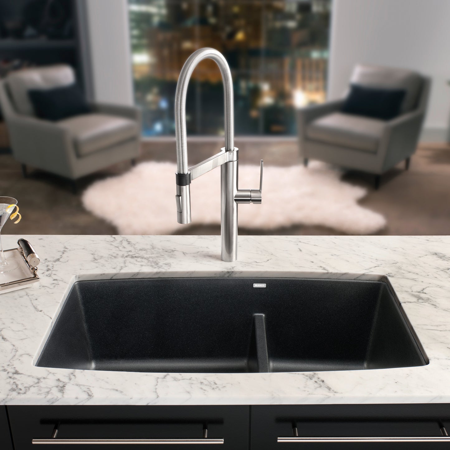 BLANCO Performa SILGRANIT 33" 60/40 Double Bowl Undermount Kitchen Sink with Low Divide installed in a modern kitchen.
