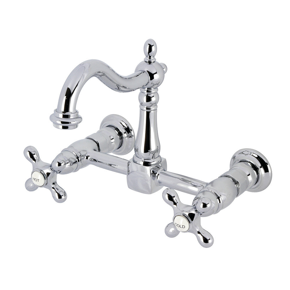 Kingston KS1263AX Heritage Two-Handle Wall Mount Bridge Kitchen Faucet, Antique Brass featuring polished chrome finish.