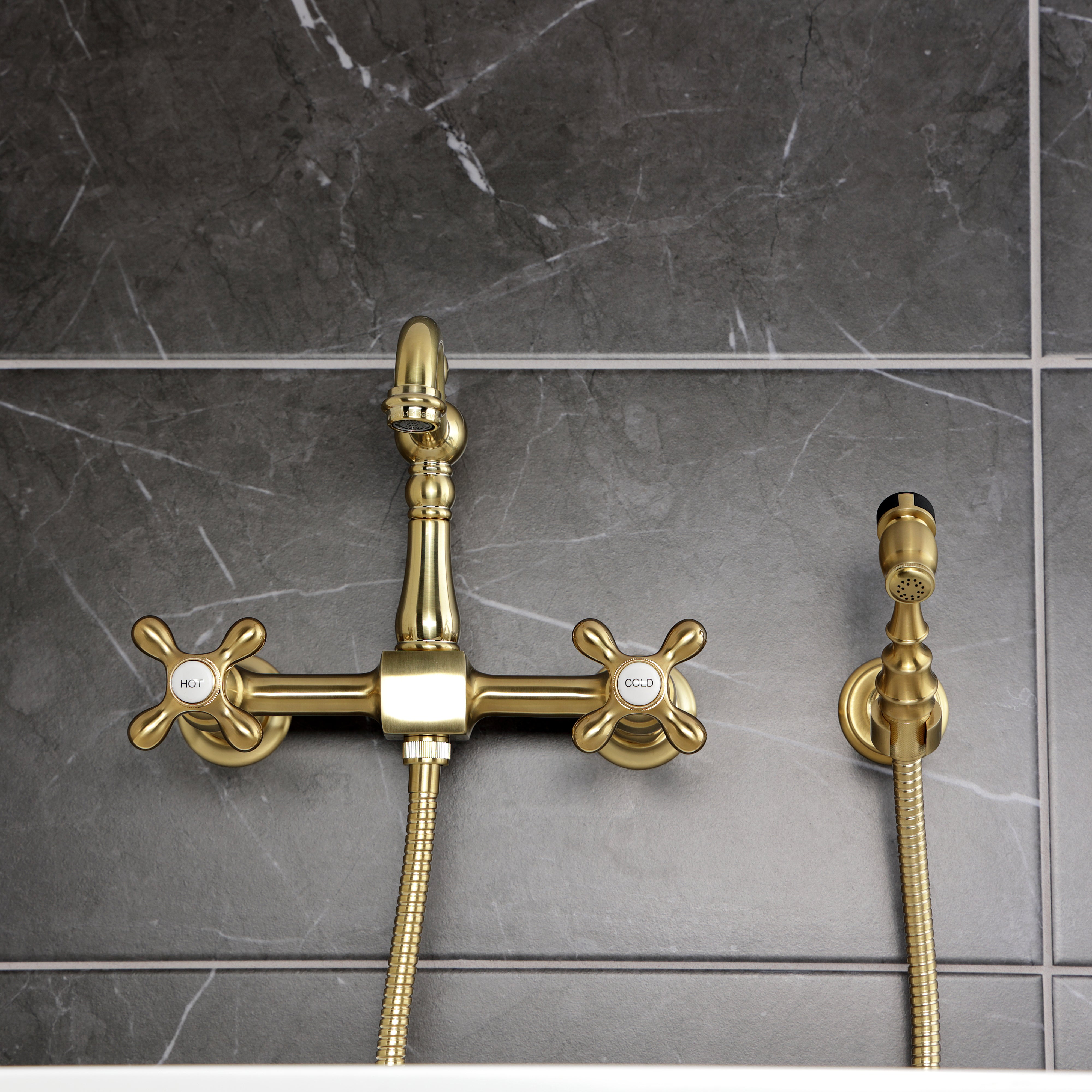 Kingston KS2443AXBS Heritage Two-Handle Wall Mount Bridge Kitchen Faucet with Brass Sprayer, Antique Brass