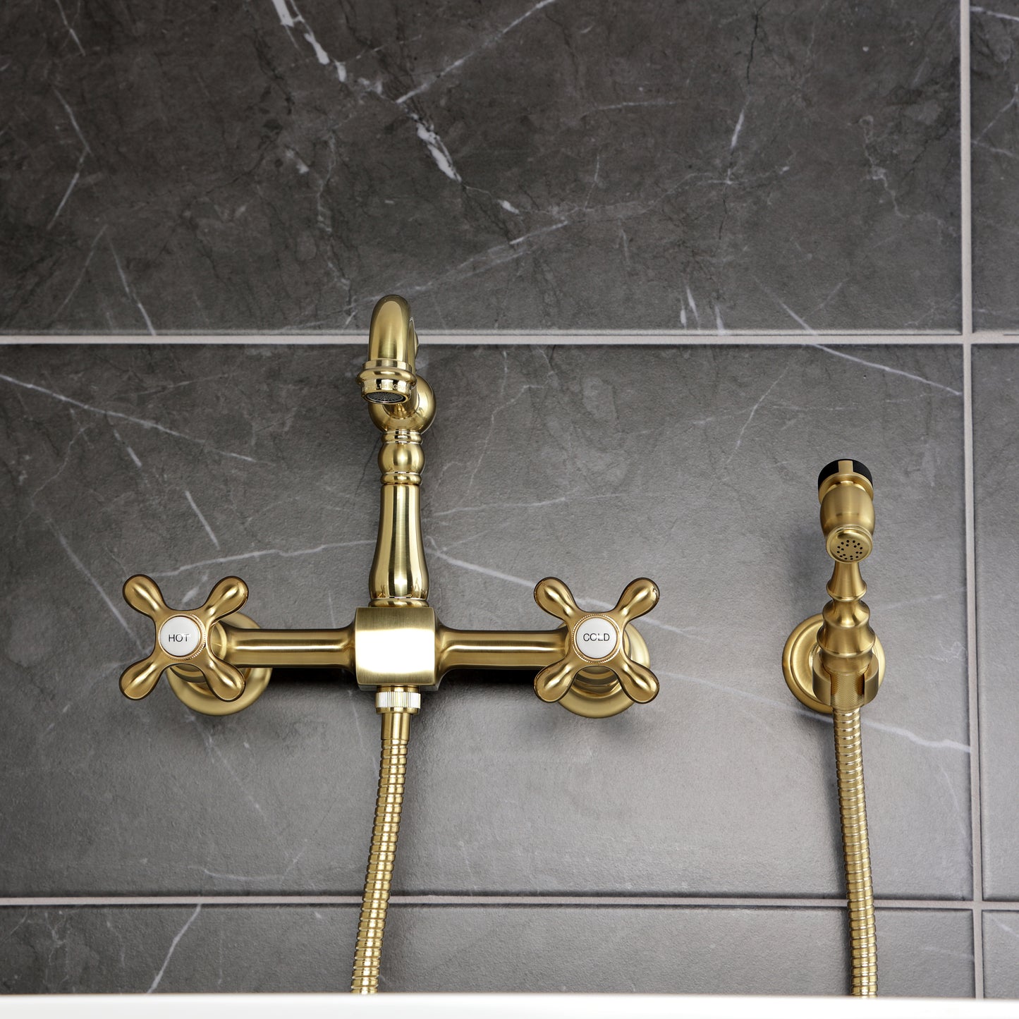 Kingston KS2443AXBS Heritage Two-Handle Wall Mount Bridge Kitchen Faucet with Brass Sprayer, Antique Brass