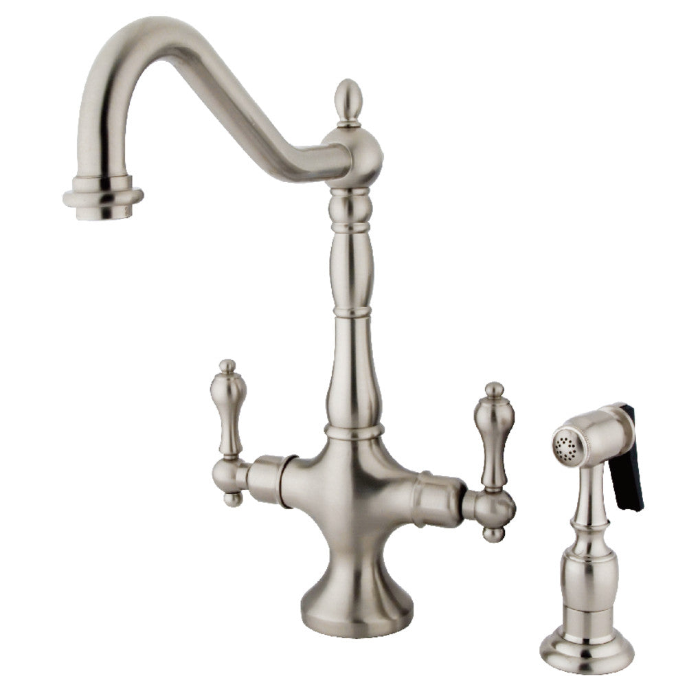 Kingston Brass KS1773ALBS Heritage Two-Handle Single-Hole Kitchen Faucet with Brass Sprayer, Antique Brass