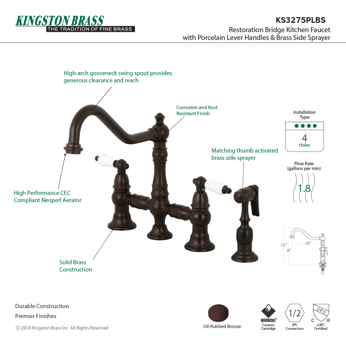 Kingston KS3277PLBS Restoration Bridge Kitchen Faucet with Brass Sprayer, Brushed Brass image showcasing its unique design and features.