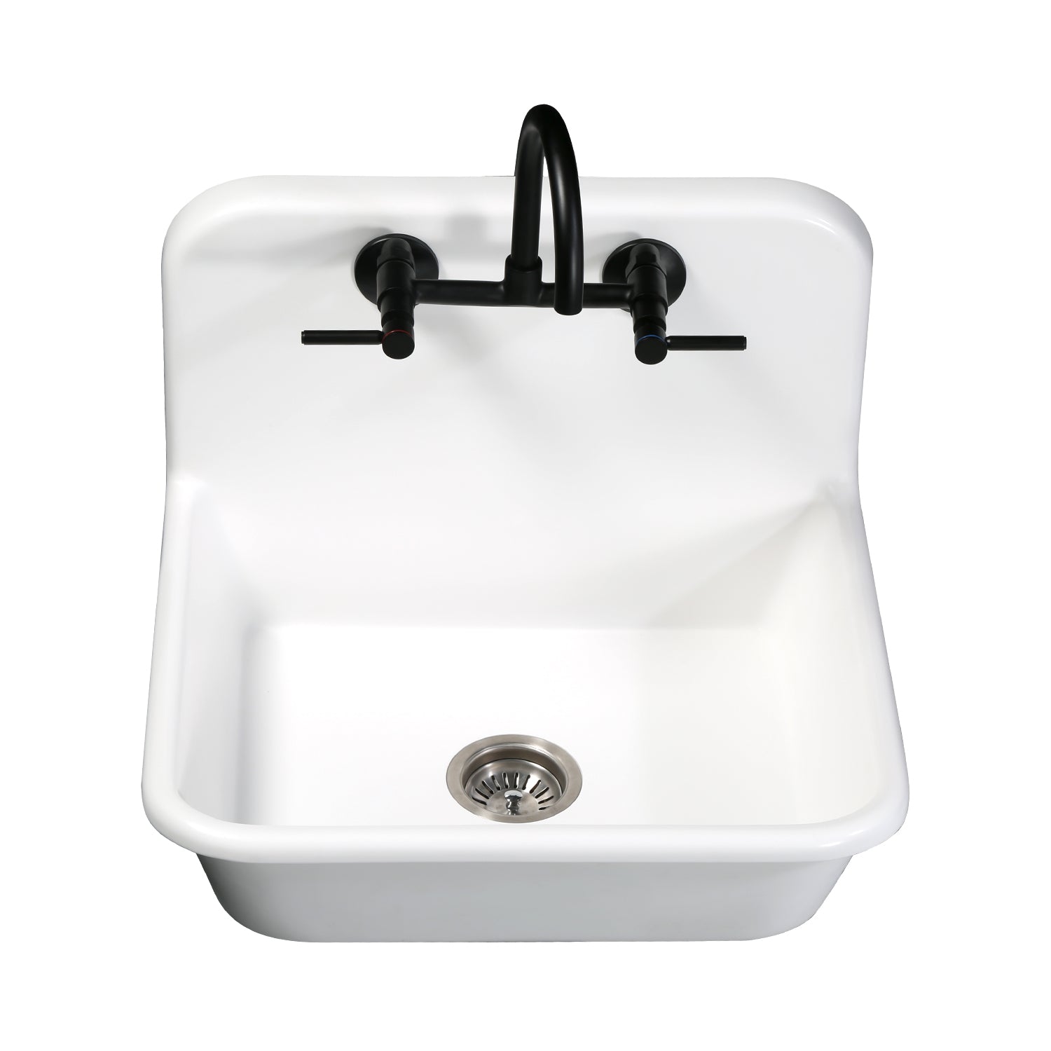 Kingston Brass KS814SB Concord Wall Mount Bridge Kitchen Faucet installed above a white farmhouse sink.