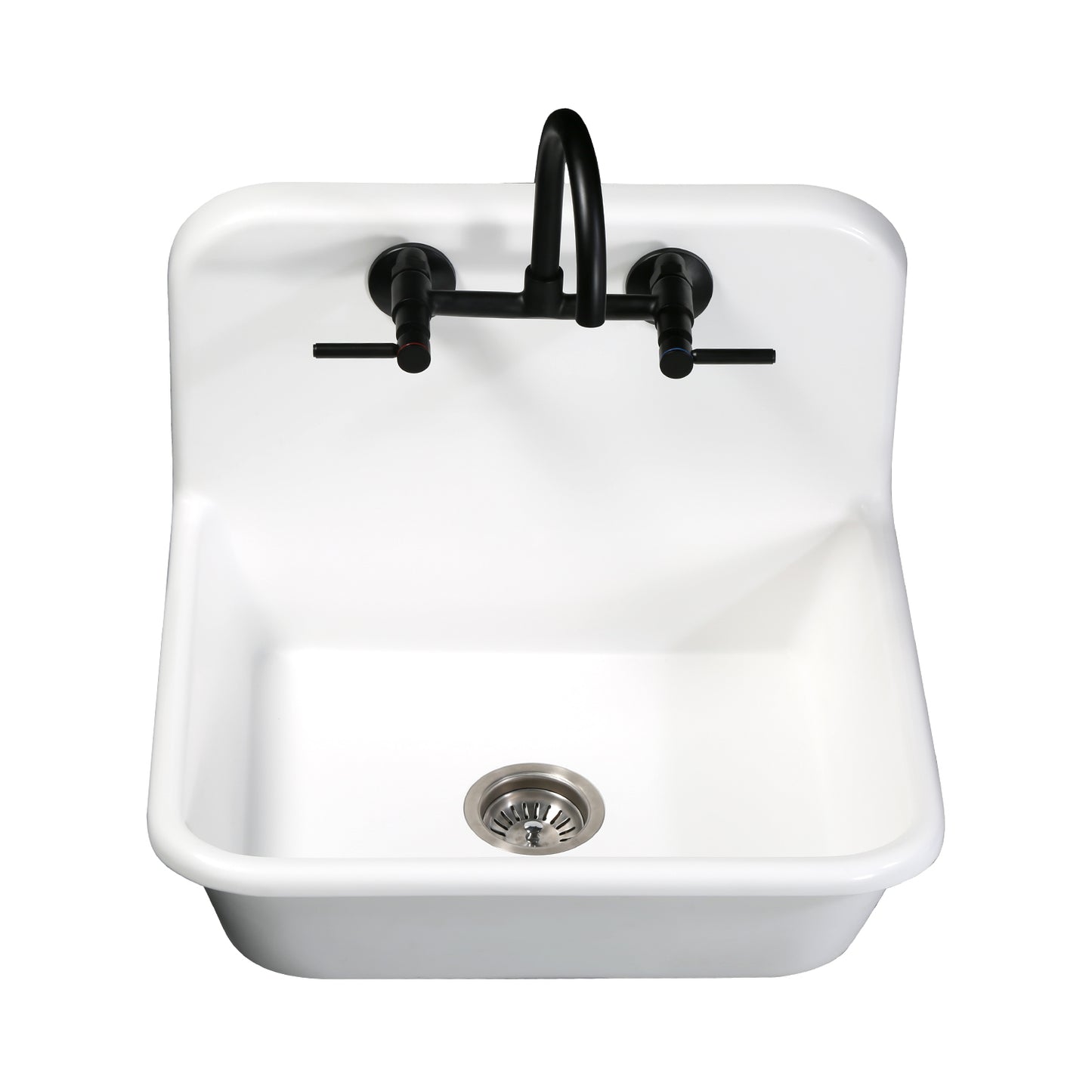 Kingston Brass KS814SB Concord Wall Mount Bridge Kitchen Faucet installed above a white farmhouse sink.