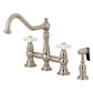 Kingston KS3277PXBS Restoration Bridge Kitchen Faucet with Brass Sprayer, Brushed Brass details and traditional design.
