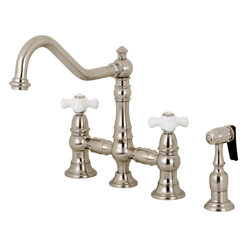 Kingston KS3277PXBS Restoration Bridge Kitchen Faucet with Brass Sprayer, Brushed Brass details and traditional design.