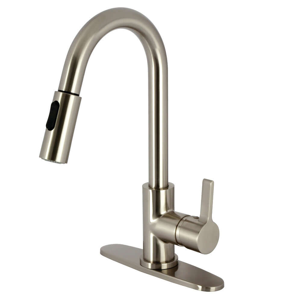 Kingston Brass LS8783CTL Continental Pull-Down Kitchen Faucet in brushed nickel, right side view showcasing modern high-arc design.