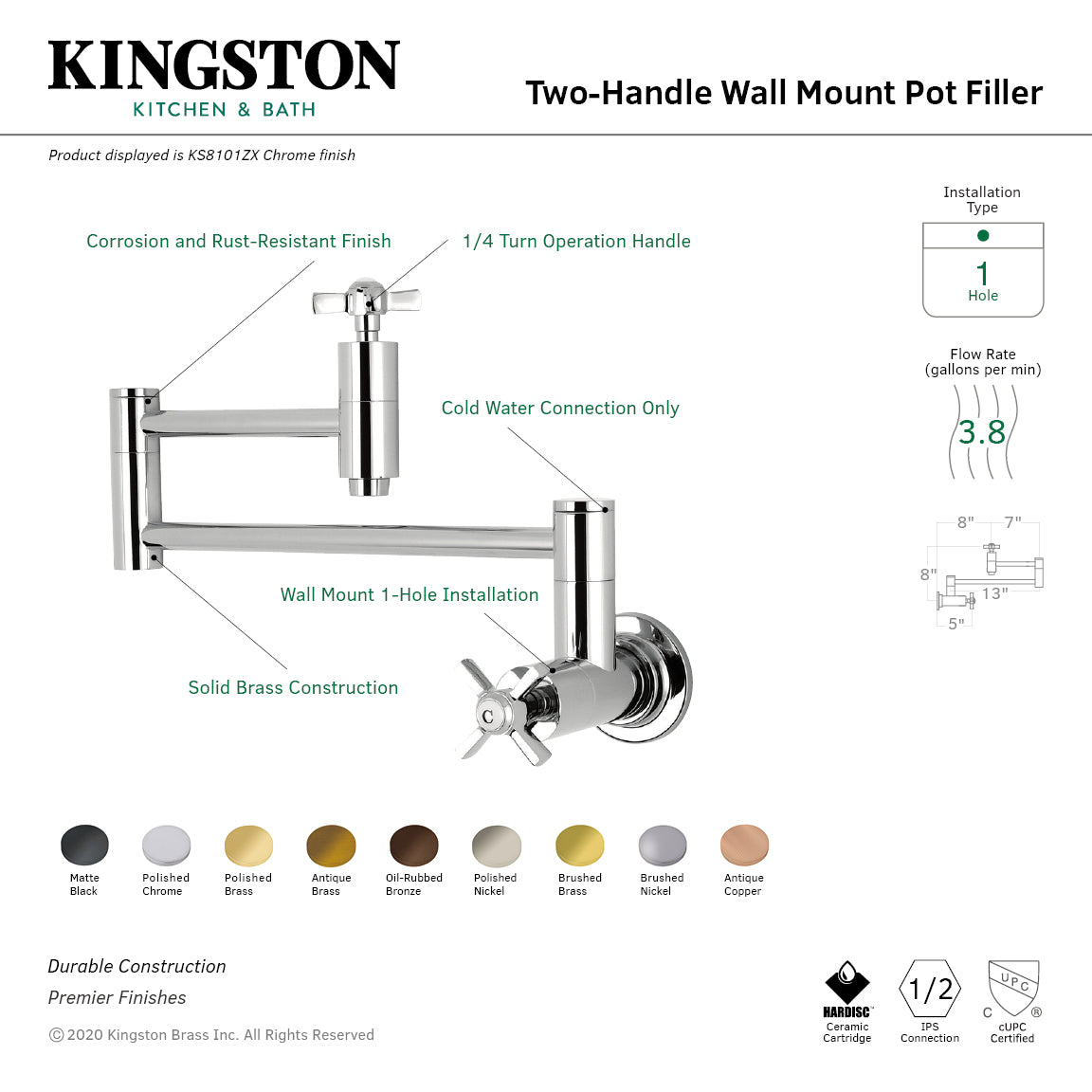 Kingston Brass KS8103ZX Millennium Wall Mount Pot Filler Faucet, Antique Brass with two-handle design and solid brass construction.