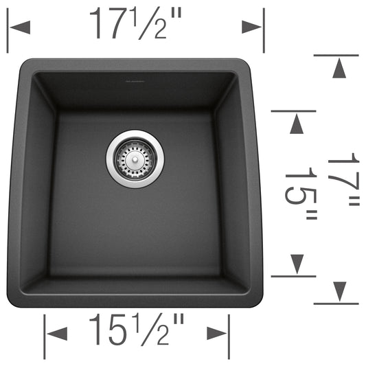 BLANCO Performa SILGRANIT 17" Undermount Bar Sink dimensions with sleek black finish and integrated strainer.