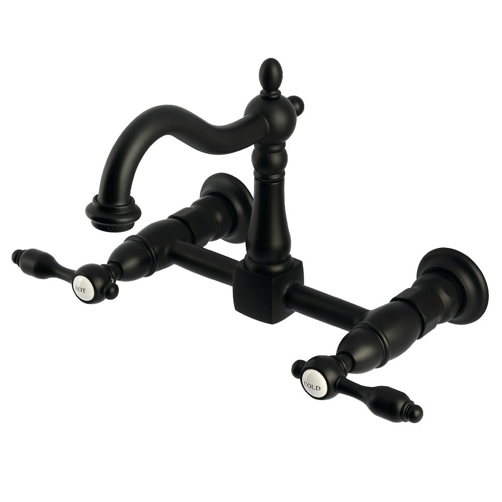 Kingston KS1263TAL Tudor Two-Handle Wall Mount Bridge Kitchen Faucet, Antique Brass in matte black finish