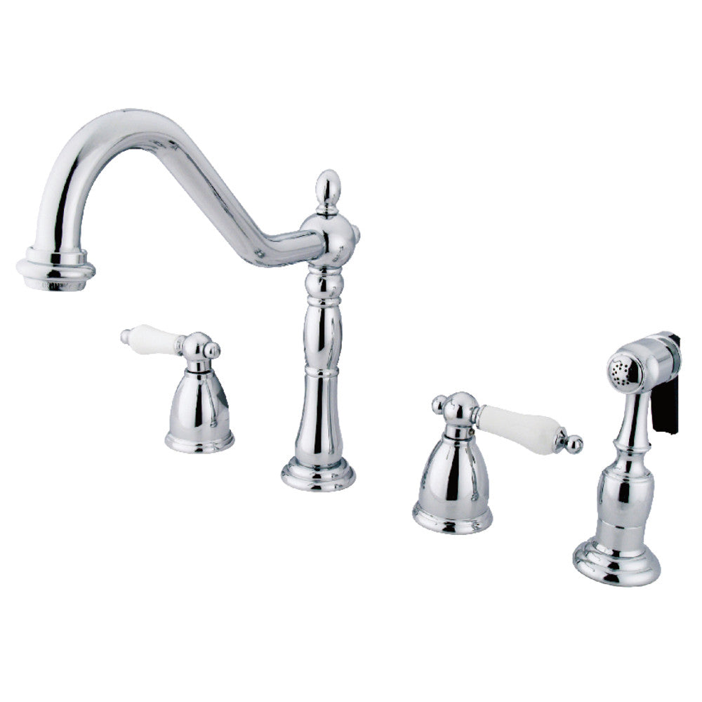 Kingston Brass KB1793PLBS Heritage Double-Handle Widespread Kitchen Faucet with Brass Sprayer, Antique Brass in polished chrome finish.