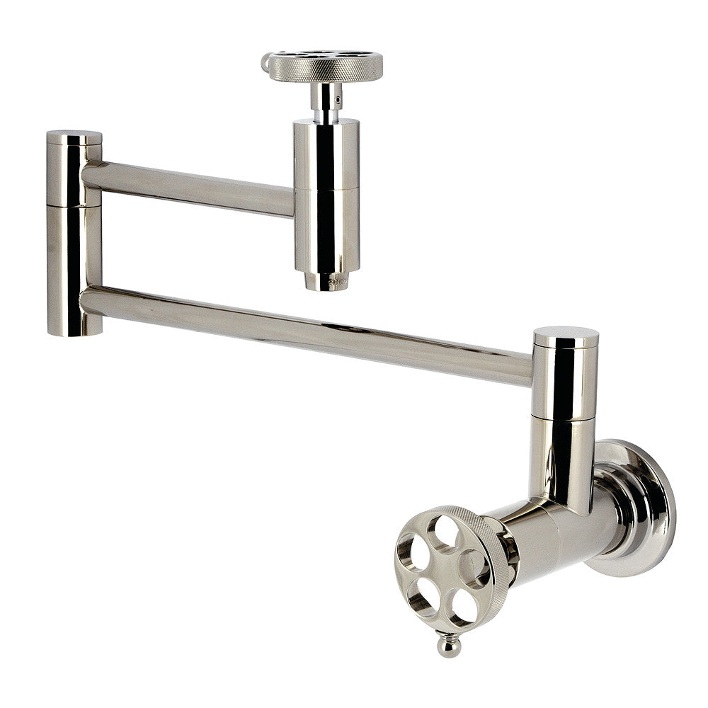 Kingston Brass KS8103RKZ Wendell Wall Mount Pot Filler Faucet with Knurled Handle, Antique Brass in polished nickel finish