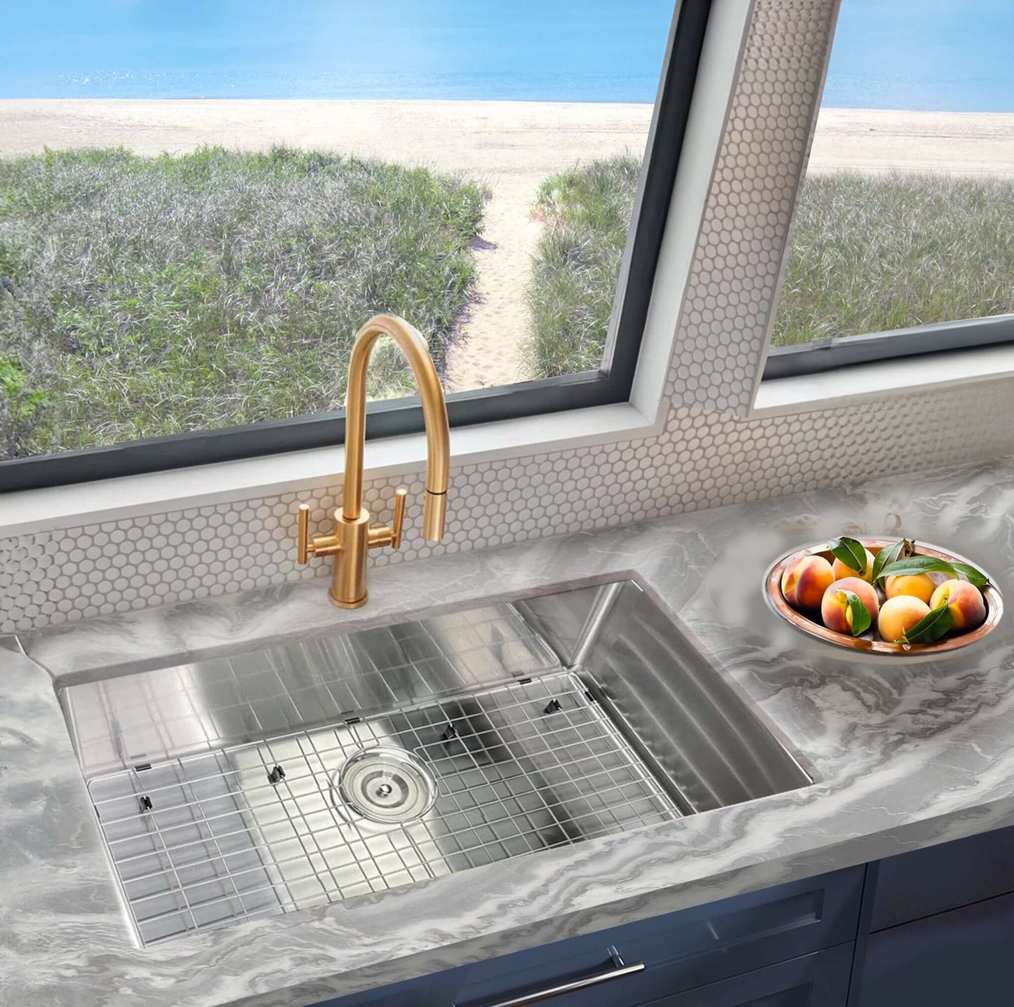 Nantucket 32" Pro Series Large Rectangle Single Bowl Undermount Small Radius Stainless Steel Kitchen Sink SR3219-16 top view with faucet.