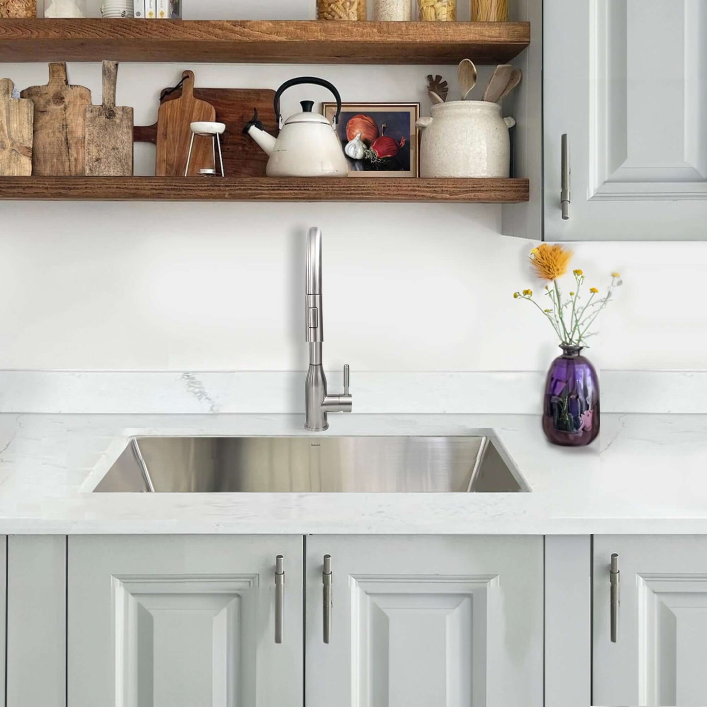 Nantucket 32" Pro Series Large Rectangle Single Bowl Undermount Small Radius Stainless Steel Kitchen Sink SR3219-16 front view with faucet.
