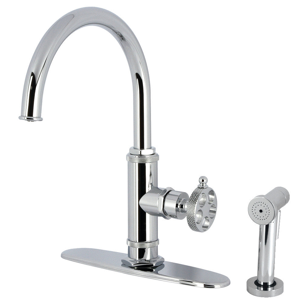 Kingston Brass KS2433RKX Webb Single-Handle Kitchen Faucet with Knurled Handle and Brass Side Sprayer, Antique Brass