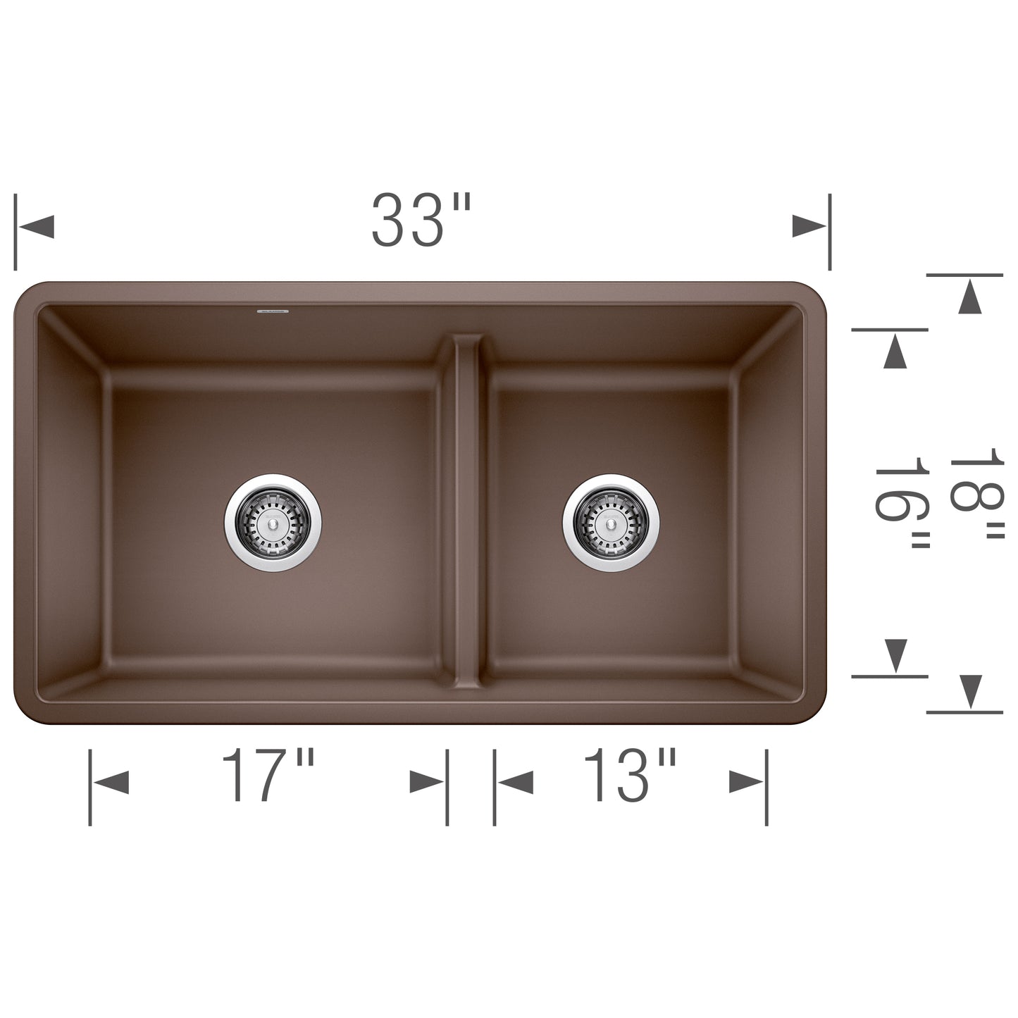 BLANCO Precis SILGRANIT 33" 60/40 Reversible Double Bowl Undermount Kitchen Sink with Low Divide top view dimensions