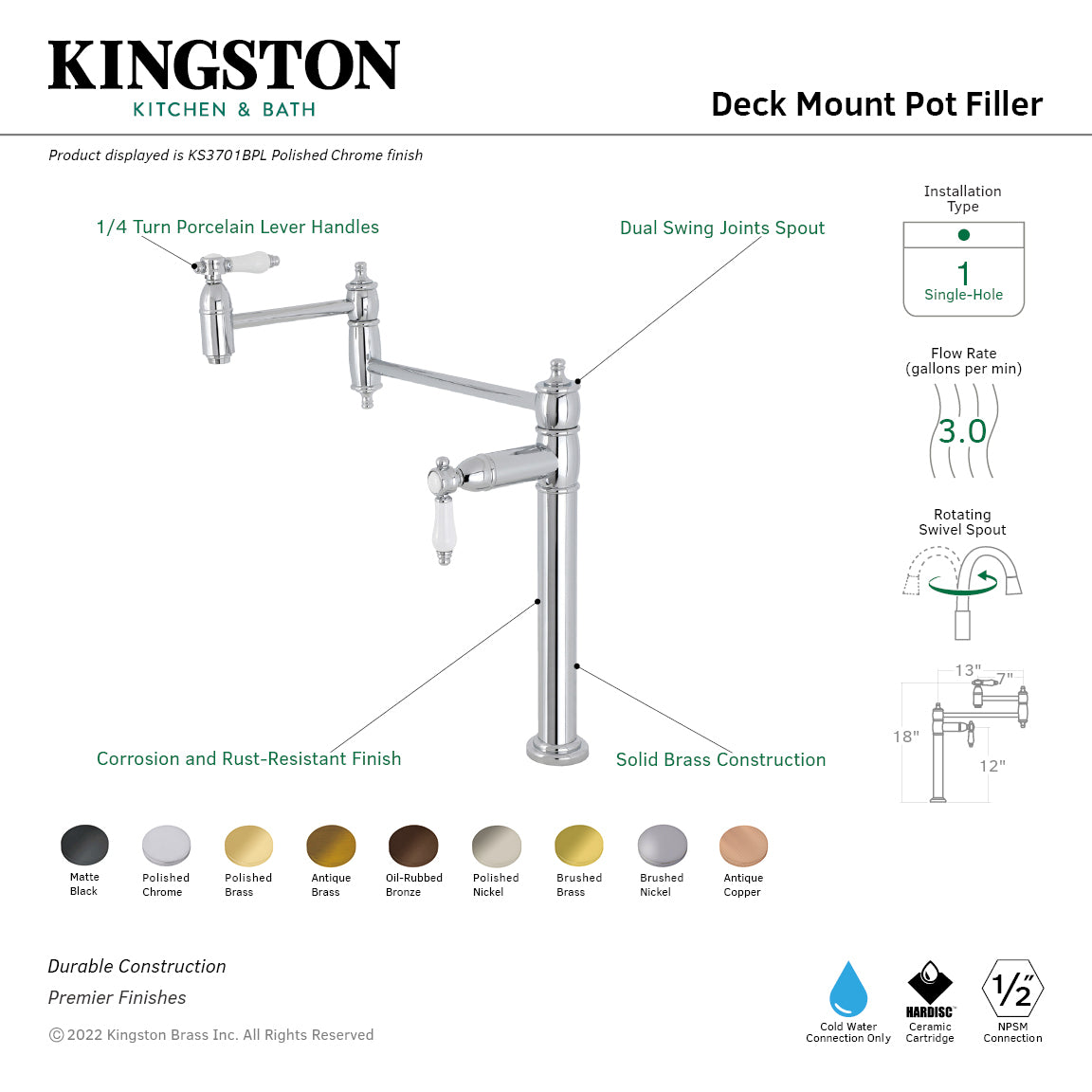 Kingston Brass KS3703BPL Bel-Air Deck Mount Pot Filler Faucet, Antique Brass with porcelain lever handles and dual swing joints.