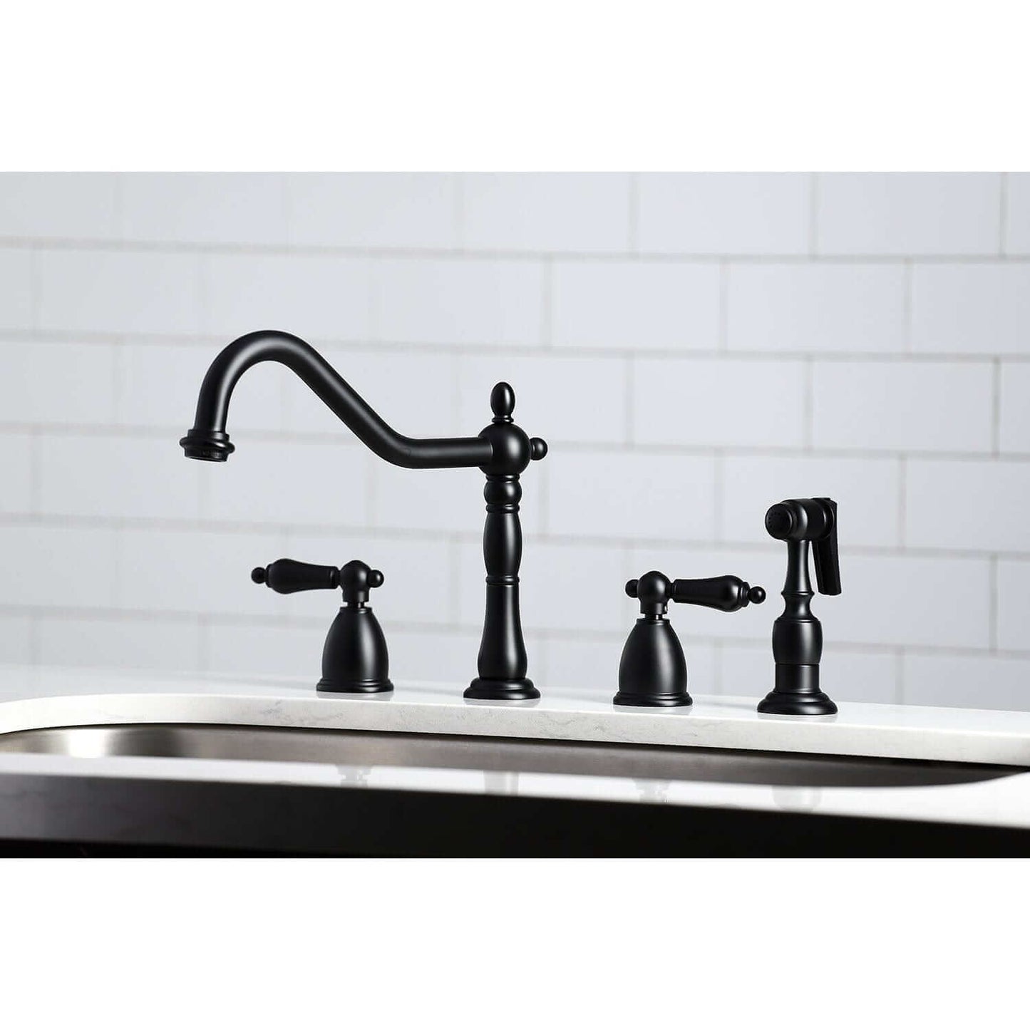 KINGSTON Brass Widespread Kitchen Faucet with Brass Sprayer - KB1790ALBS in a left side view showcasing elegant design.