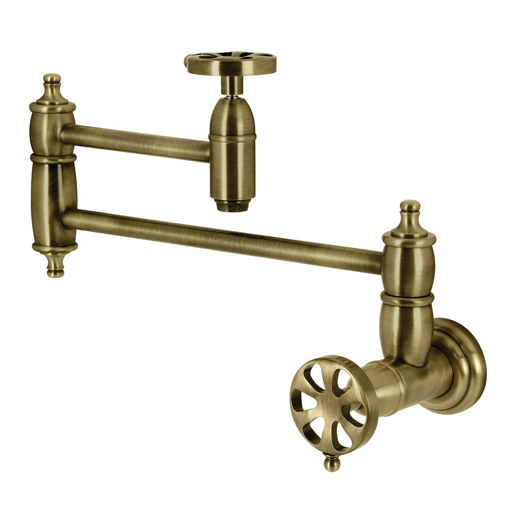 Kingston Brass KS3103RX Belknap Wall Mount Pot Filler Faucet, Antique Brass design with foldable swing arms