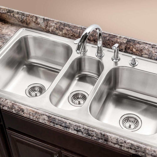 Houzer 41" Stainless Steel Topmount Triple Bowl Kitchen Sink, PGT-4322-1 showcasing three bowls and sleek faucet.