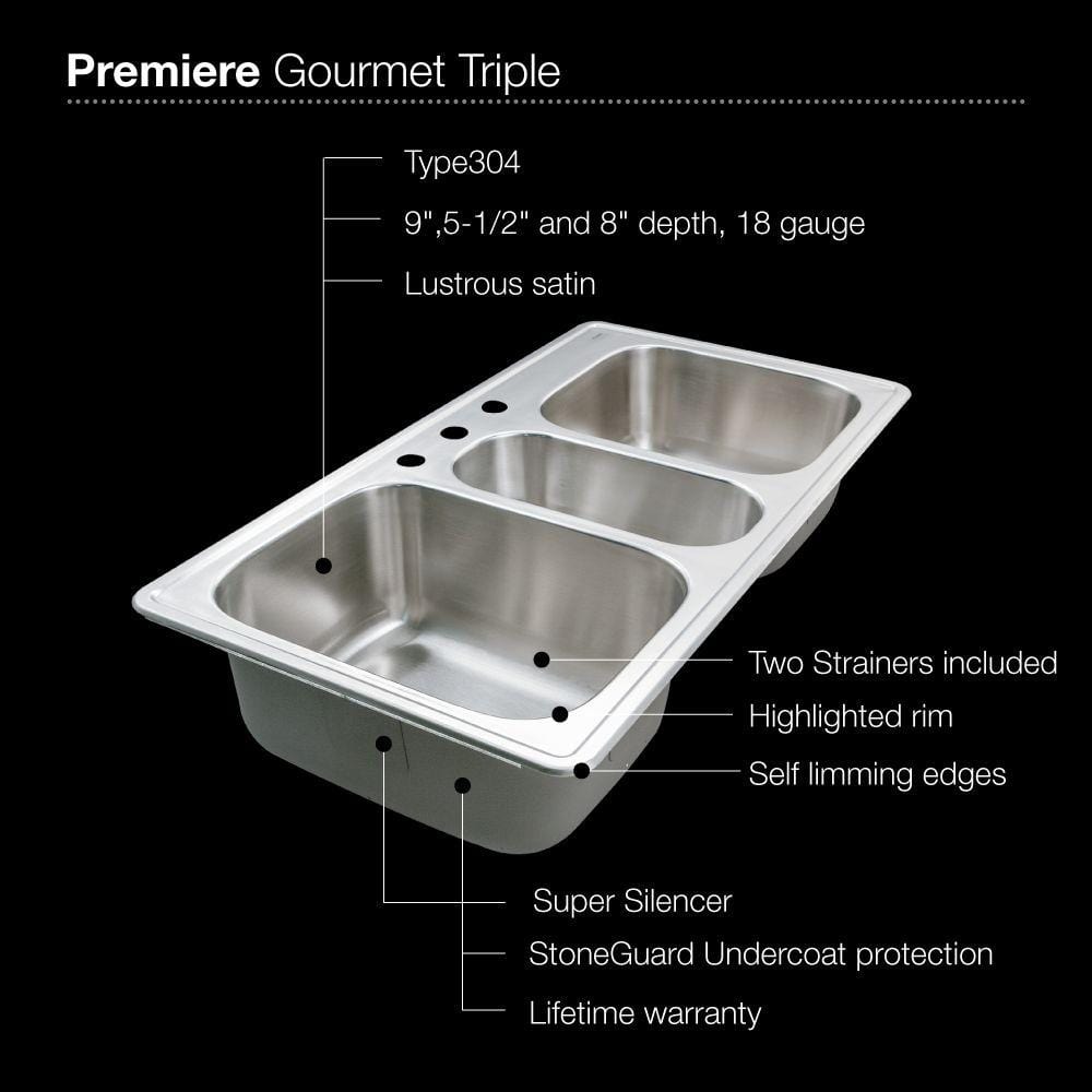 Houzer 41" Stainless Steel Topmount Triple Bowl Kitchen Sink, PGT-4322-1