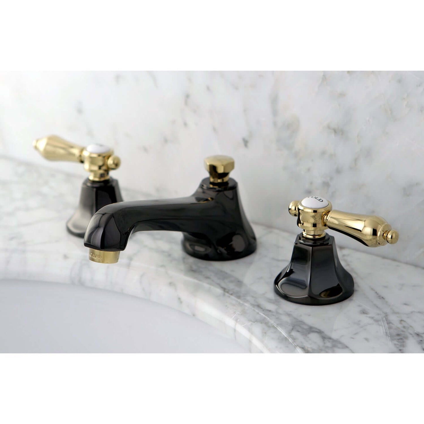 Kingston Brass NS4469BAL Water Onyx Widespread Bathroom Faucet top view showcasing black and gold design on marble countertop.