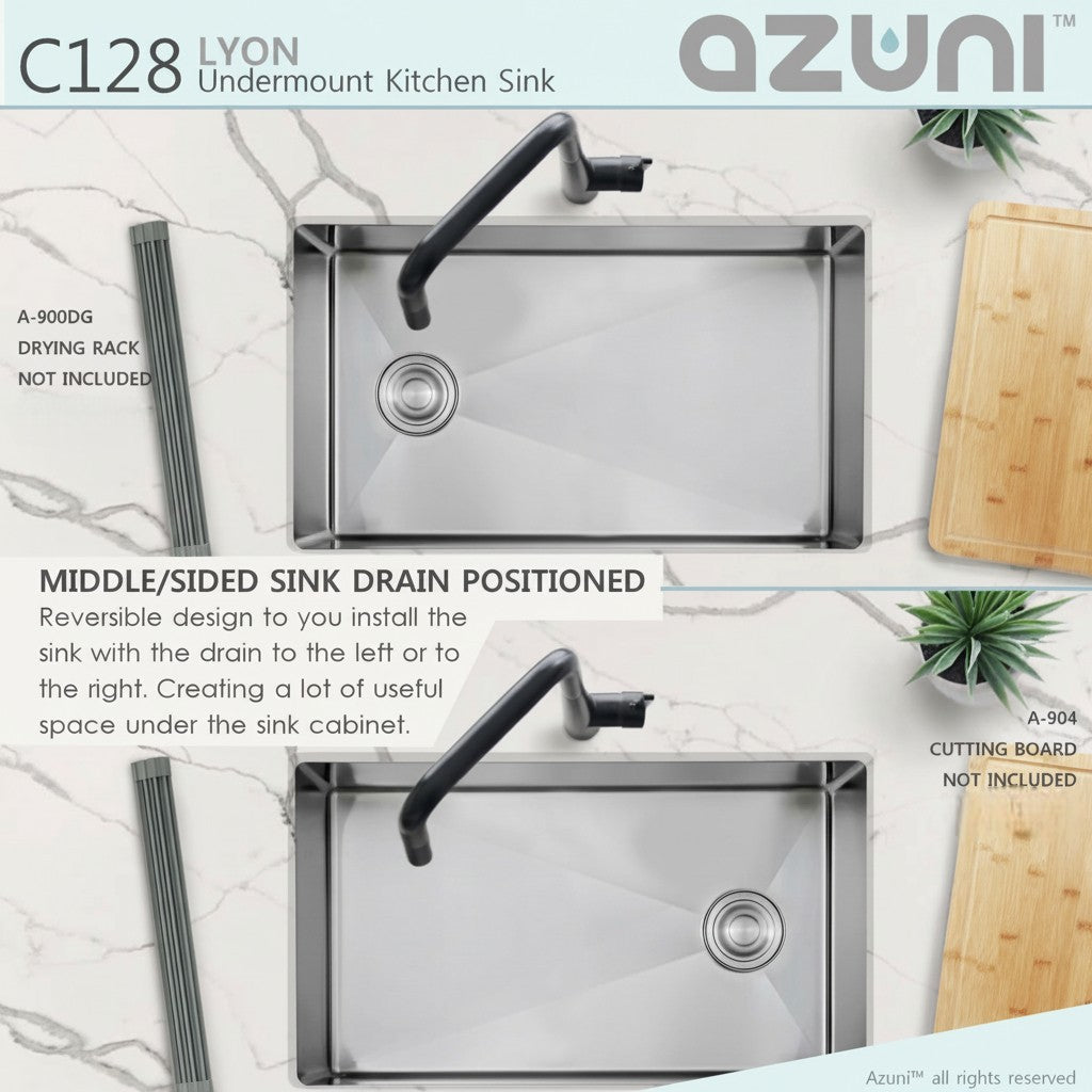 Stylish Azuni 28" Stainless Steel Undermount Kitchen Sink