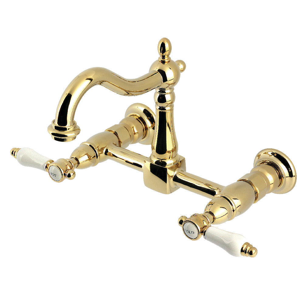 Kingston KS1263BPL Bel-Air Two-Handle Wall Mount Bridge Kitchen Faucet, Antique Brass with white porcelain levers