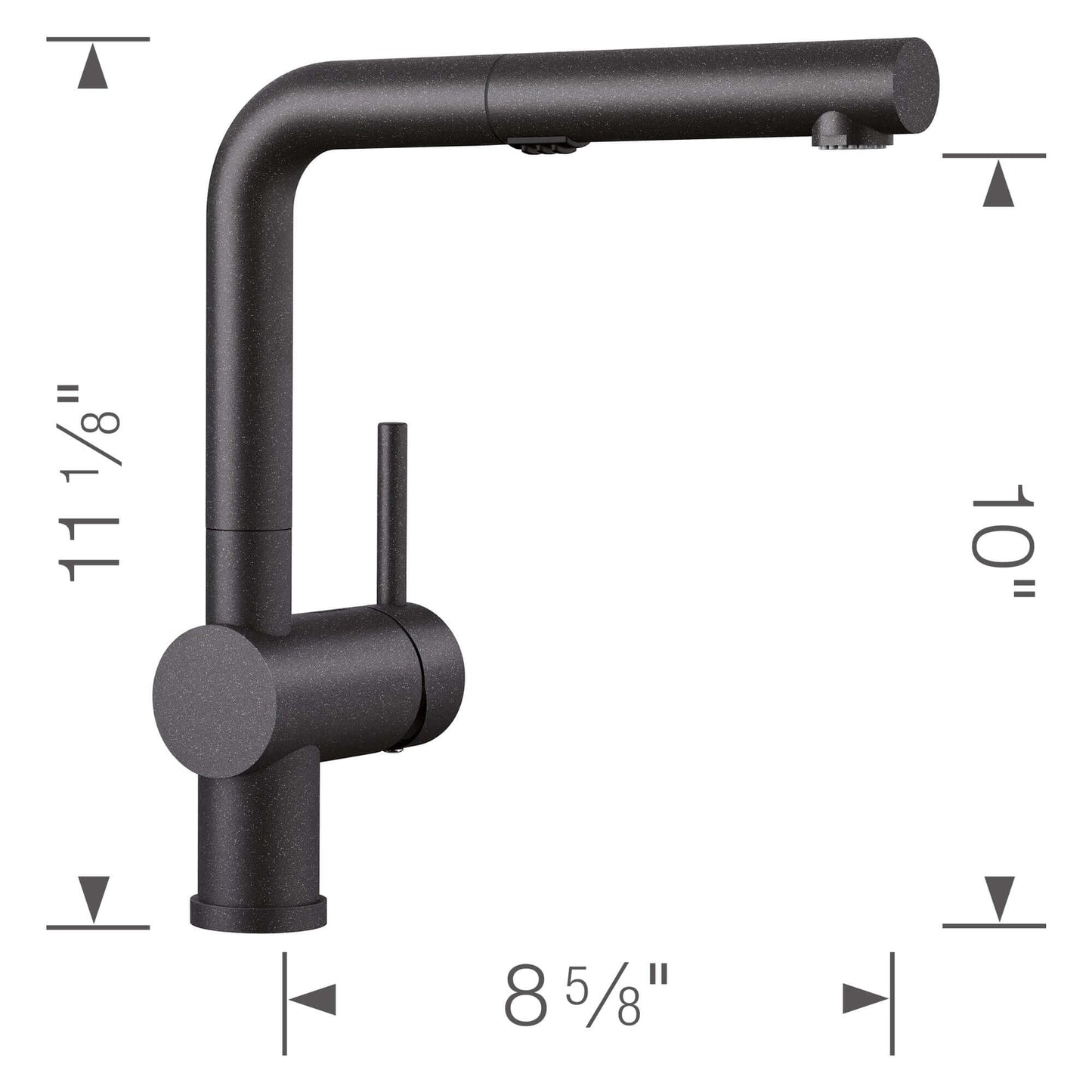 BLANCO Linus Low Arc Pull-Out Dual-Spray Kitchen Faucet - Anthracite with dimensions 11 1/8 inch height, 8 5/8 inch reach.