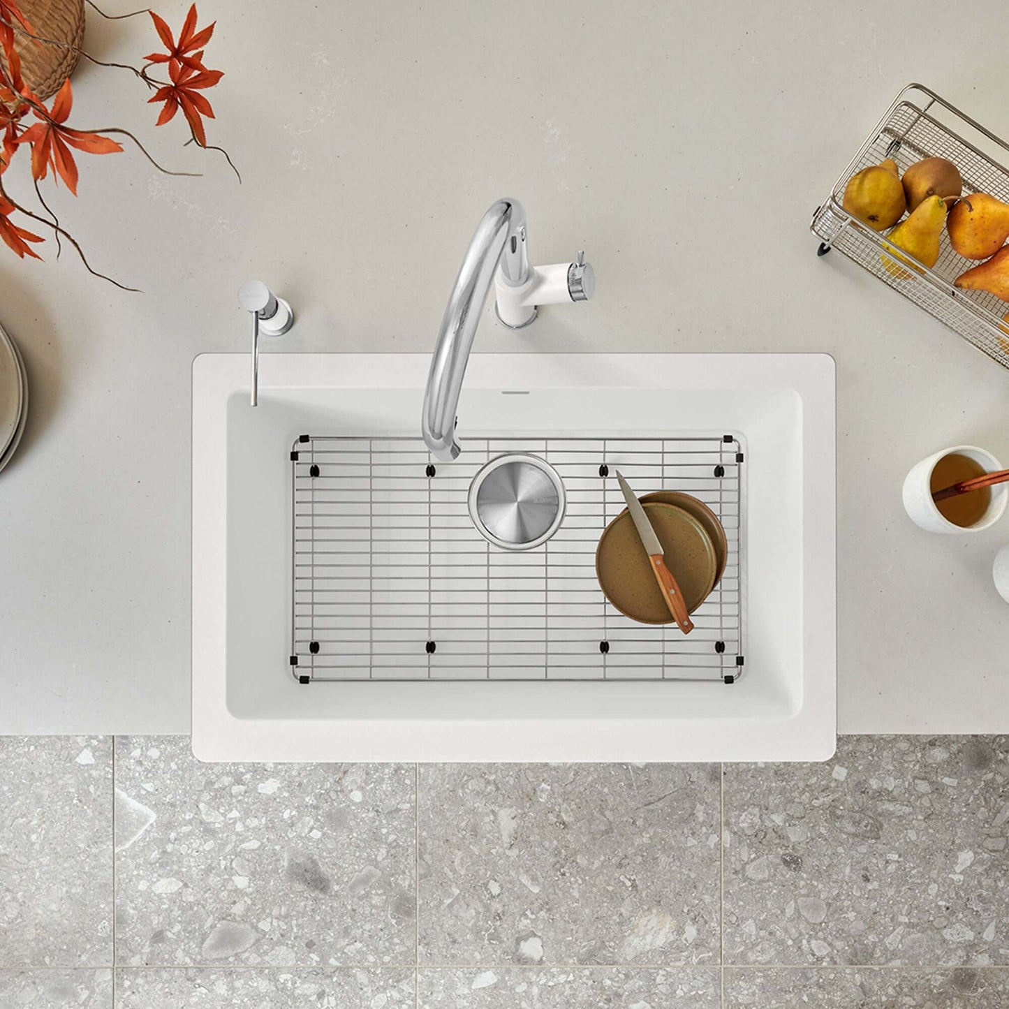 BLANCO VINTERA 30" SILGRANIT Single Bowl Farmhouse Sink with cutting board and faucet in a modern kitchen setting.