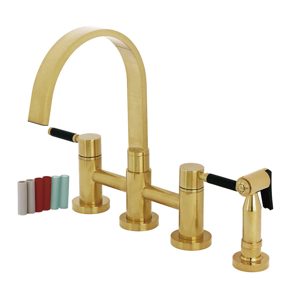 Kingston KS8267DKLBS Kaiser Bridge Kitchen Faucet with Brass Sprayer, Brushed Brass in modern design with gooseneck spout.