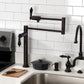 Kingston Brass KS4707PKL Duchess Deck Mount Pot Filler Faucet, Brushed Brass in a stylish kitchen setting with black porcelain handles.