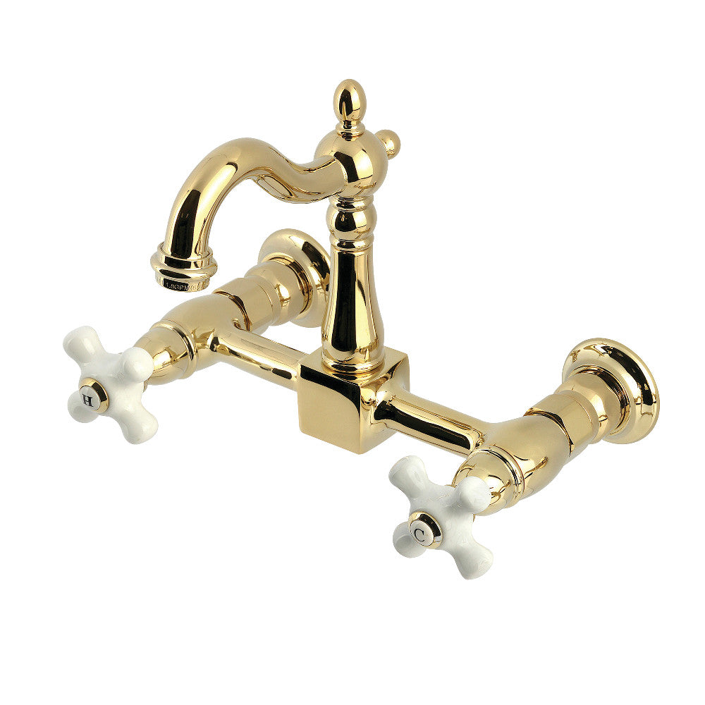 Kingston KS2443PX Heritage Two-Handle Wall Mount Bridge Kitchen Faucet, Antique Brass with porcelain cross handles