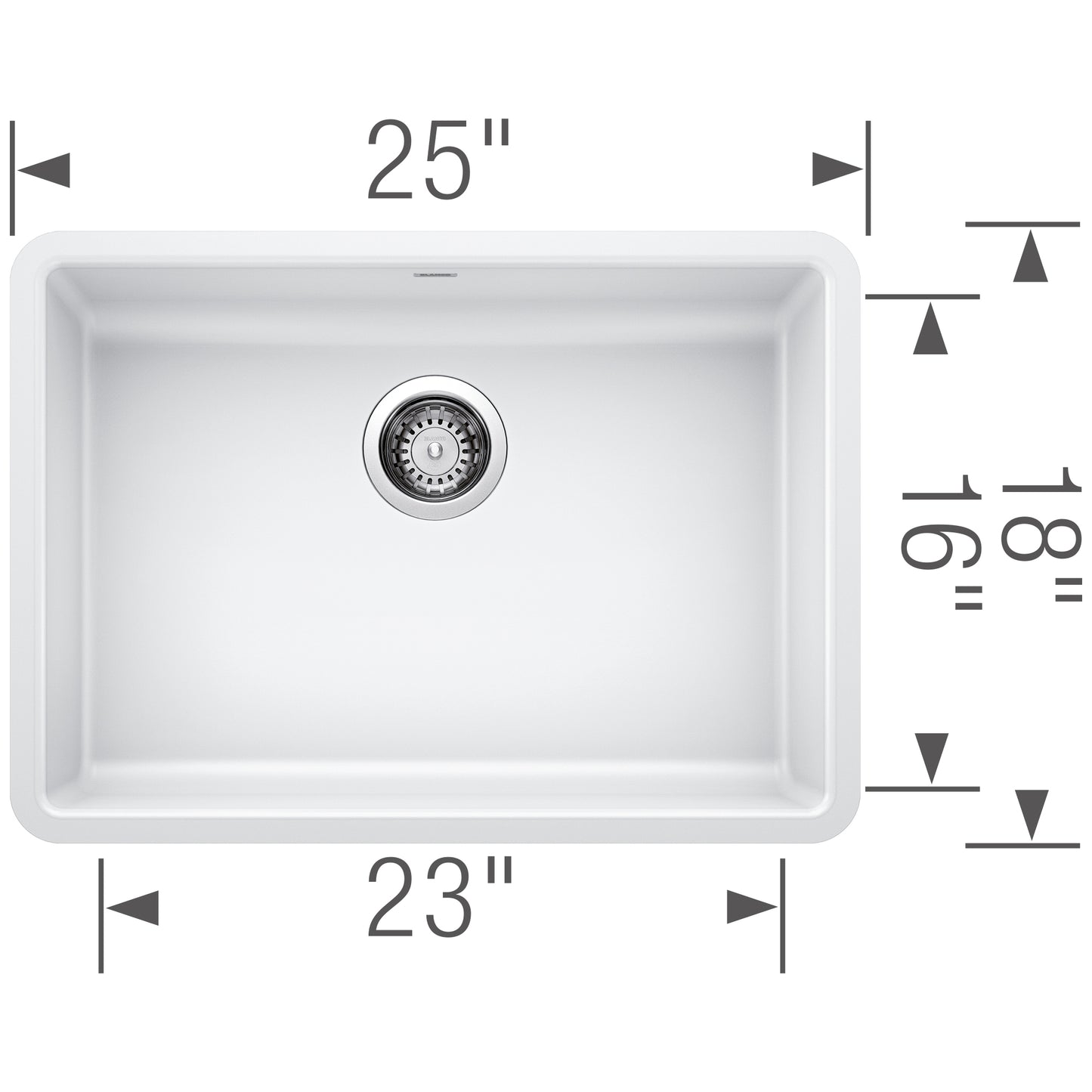 BLANCO Precis SILGRANIT 25" ADA Single Bowl Undermount Kitchen Sink dimensions diagram with measurements.