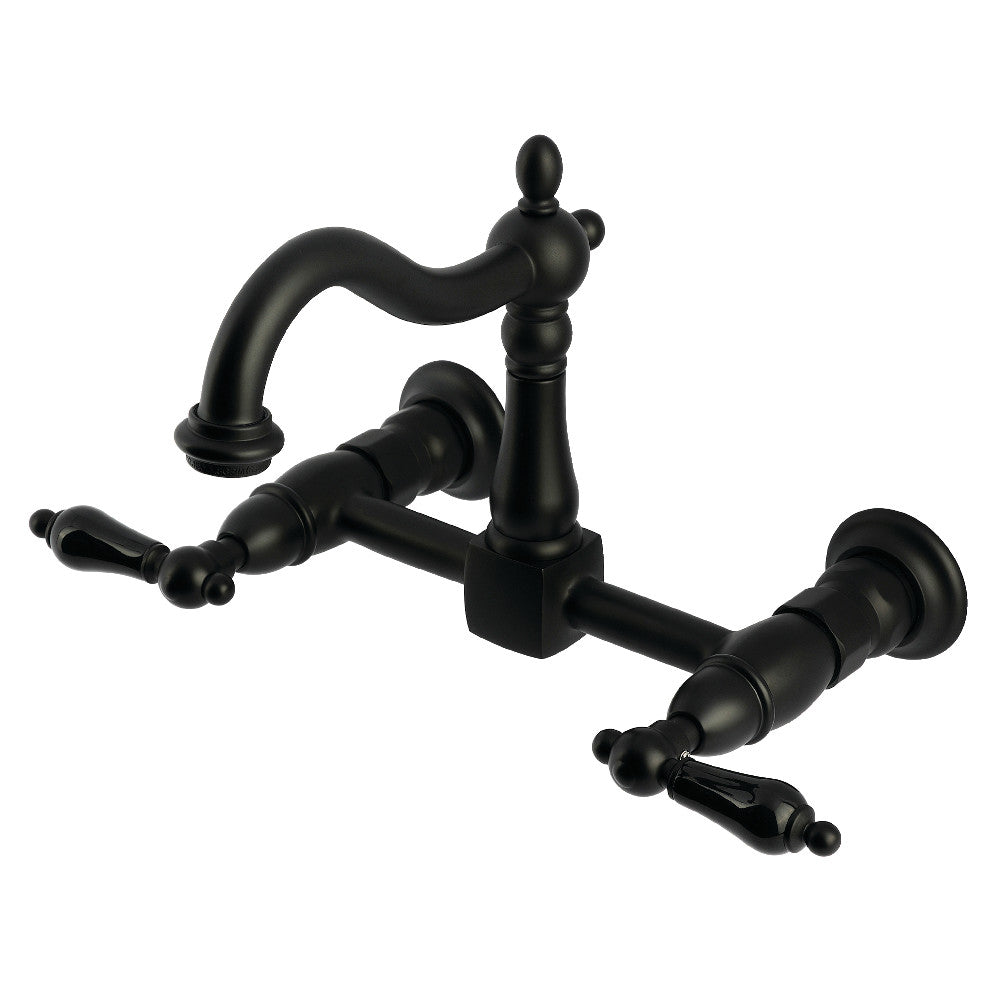Kingston KS1263PKL Duchess Two-Handle Wall Mount Bridge Kitchen Faucet, Antique Brass with black porcelain handles.