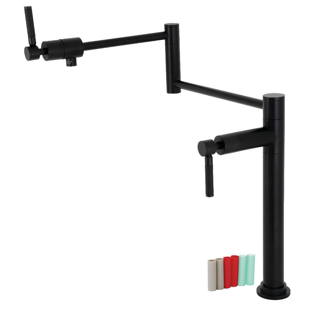 Kingston Brass KS4703DKL Kaiser Deck Mount Pot Filler Faucet, Antique Brass with black handles and flexible design.