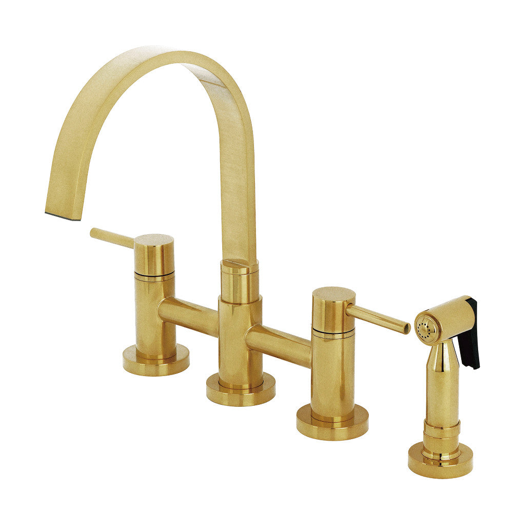 Kingston KS8267DLBS Concord Bridge Kitchen Faucet with Brass Sprayer, Brushed Brass featuring a gooseneck spout and lever handles