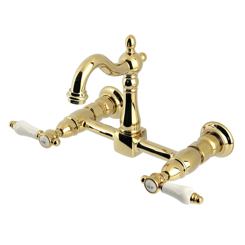 Kingston KS2443BPL Bel-Air Two-Handle Wall Mount Bridge Kitchen Faucet, Antique Brass with white ceramic handles.
