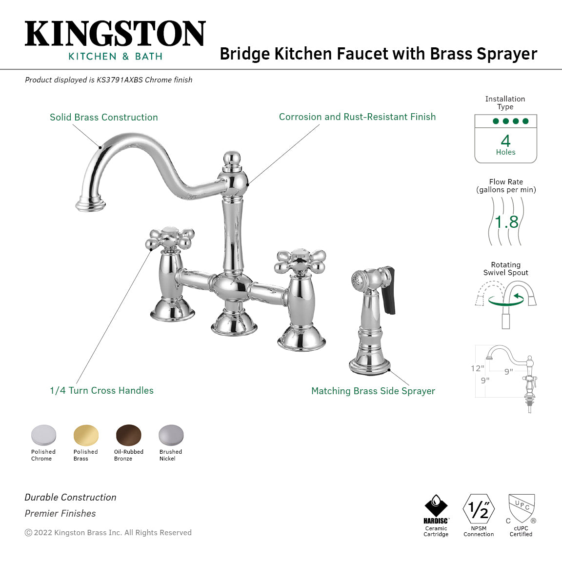 Kingston KS3795AXBS Restoration Bridge Kitchen Faucet with Brass Sprayer, Oil Rubbed Bronze