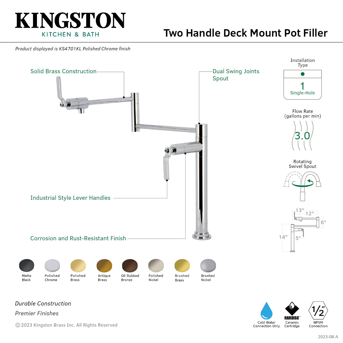 Kingston Brass KS4703KL Whitaker Deck Mount Pot Filler Faucet, Antique Brass features dual swing joints spout.